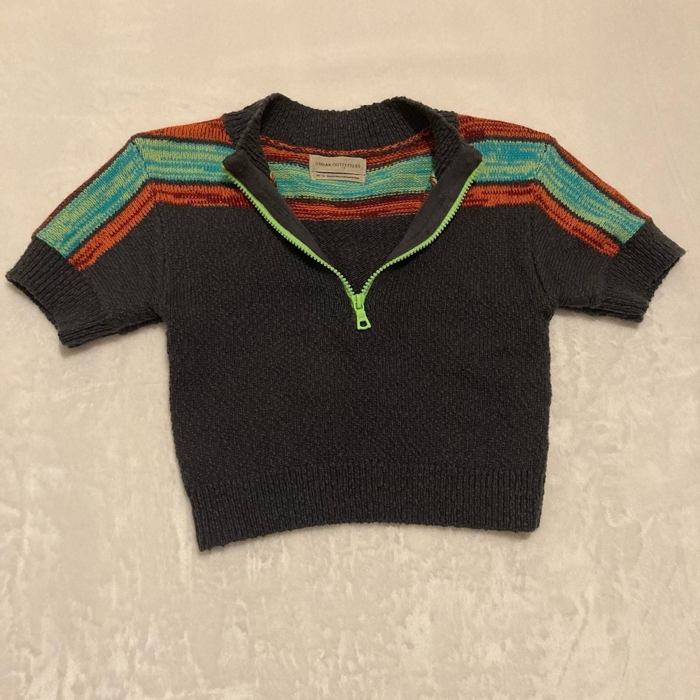 Urban Outfitters Sweater Womens XS Grey Knit Retro Striped Quarter Zip Crop Top